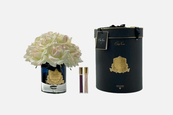 Grand Bouquet de Luxe en Verre Foncé - Badge Doré - Peluche Rose - Boîte Rose