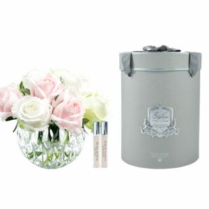 CÔTE NOIRE - BOUQUET ROND DE LUXE DE 13 BOUTONS DE ROSES EN ROSE FRANÇAIS, VERT ET BLANC