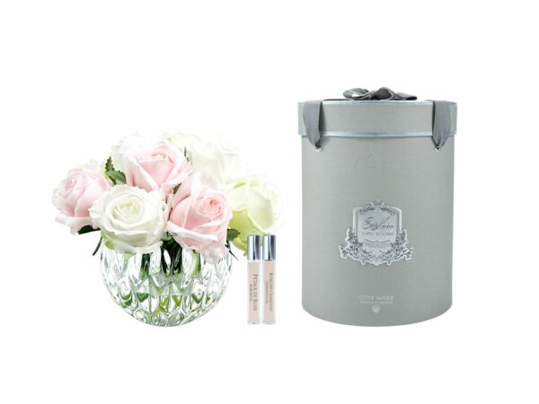 CÔTE NOIRE - BOUQUET ROND DE LUXE DE 13 BOUTONS DE ROSES EN ROSE FRANÇAIS, VERT ET BLANC