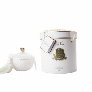 Bougie ronde Art Déco – Blanche & Or – Thé aux fleurs de jasmin