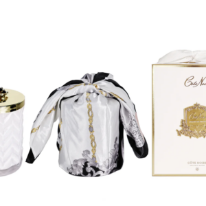 Bougie à chevrons avec écharpe – Blanc et or – Prosecco